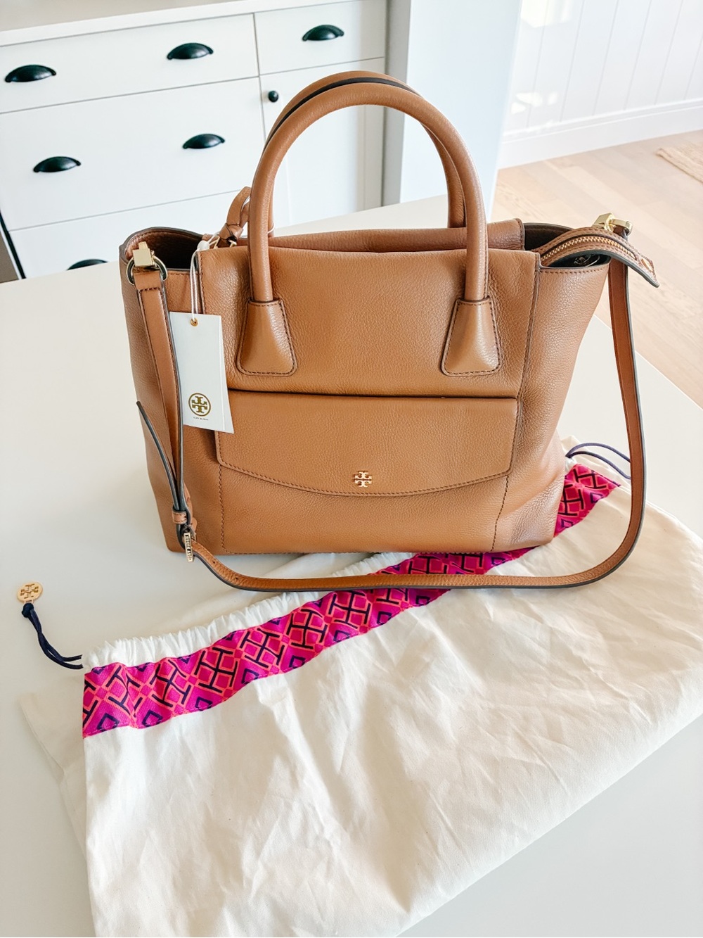 Tory Burch Tan Leather Tote with Top Handles and Crossbody Strap